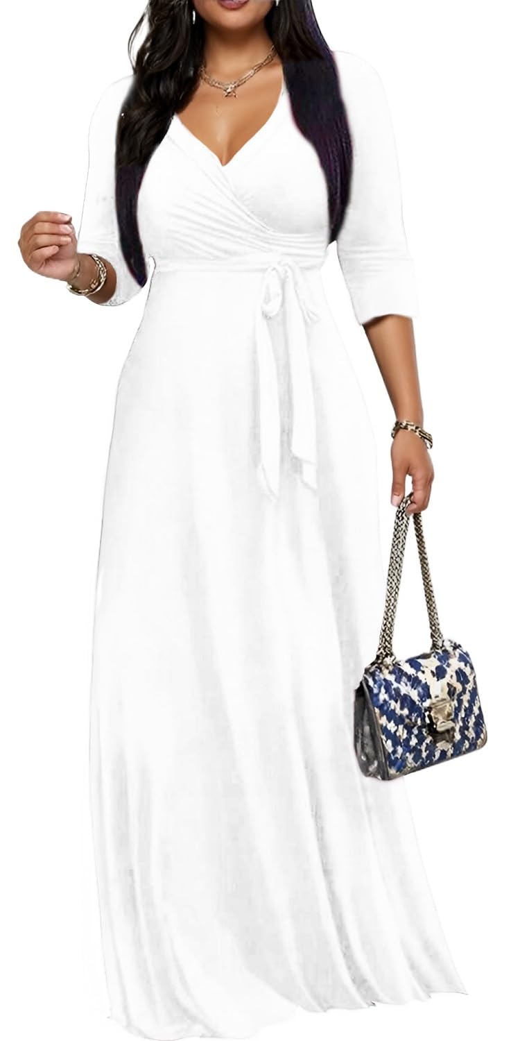 CaniBtr Maxi Dresses for Women Plus Size Casual 3/4 Sleeve Wrap V Neck Semi Formal Elegant Long Church Dress with Belt