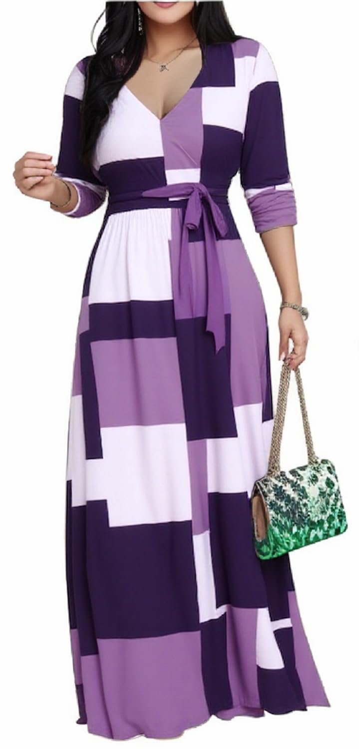 CaniBtr Maxi Dresses for Women Plus Size Casual 3/4 Sleeve Wrap V Neck Semi Formal Elegant Long Church Dress with Belt
