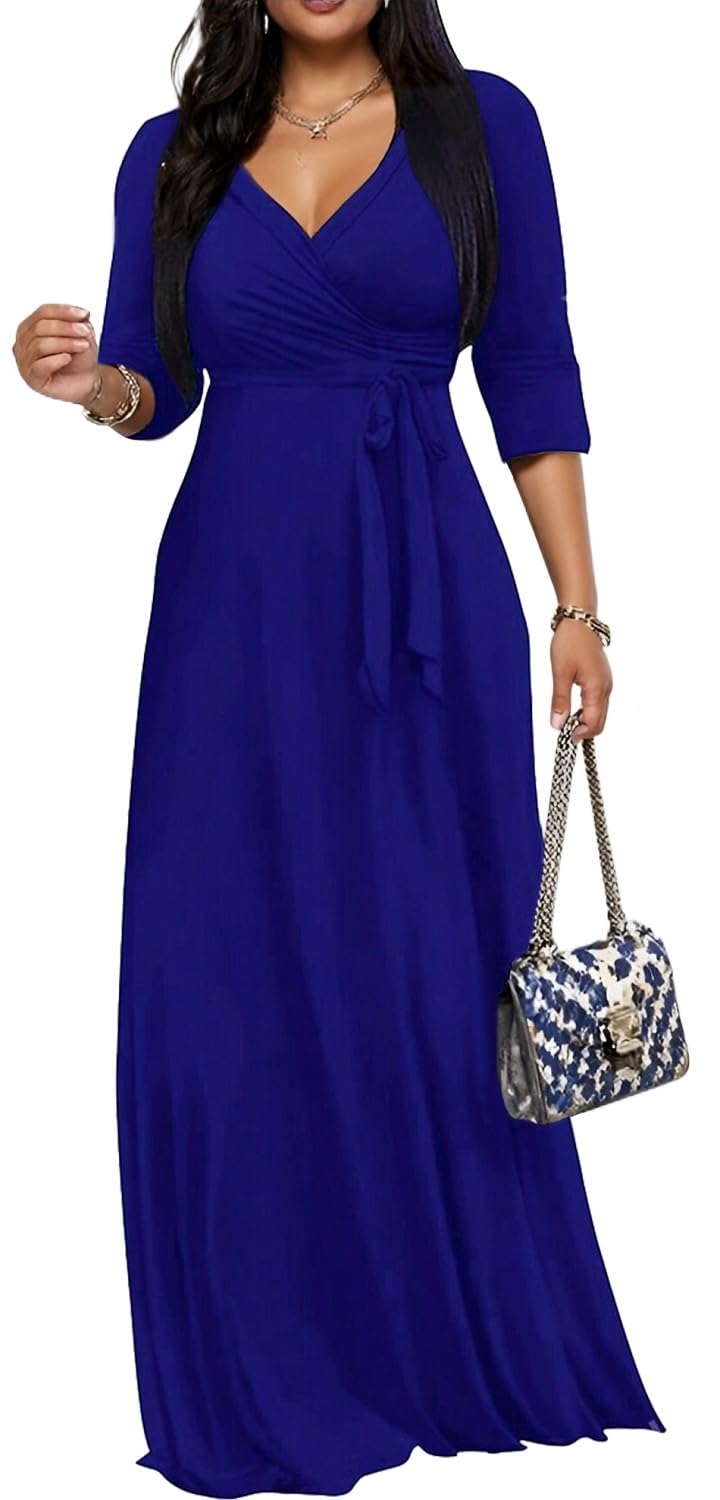 CaniBtr Maxi Dresses for Women Plus Size Casual 3/4 Sleeve Wrap V Neck Semi Formal Elegant Long Church Dress with Belt