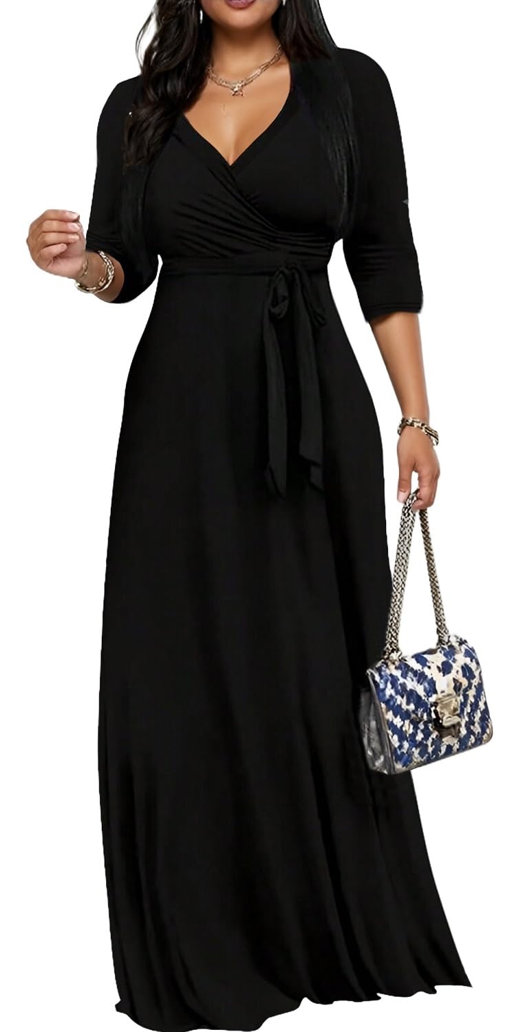 CaniBtr Maxi Dresses for Women Plus Size Casual 3/4 Sleeve Wrap V Neck Semi Formal Elegant Long Church Dress with Belt