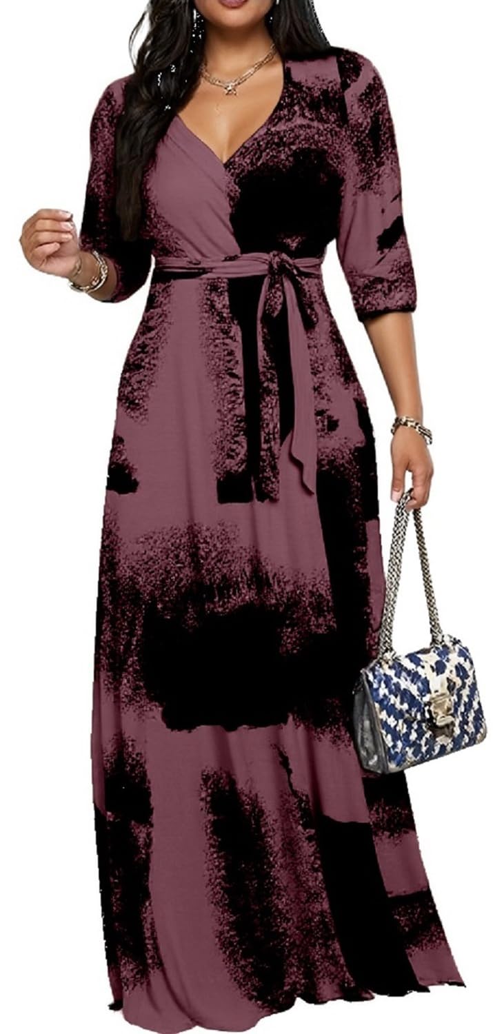 CaniBtr Maxi Dresses for Women Plus Size Casual 3/4 Sleeve Wrap V Neck Semi Formal Elegant Long Church Dress with Belt