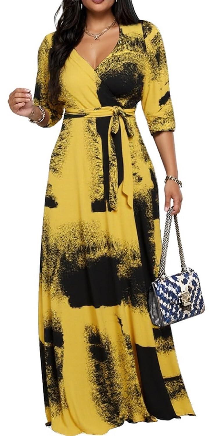 CaniBtr Maxi Dresses for Women Plus Size Casual 3/4 Sleeve Wrap V Neck Semi Formal Elegant Long Church Dress with Belt