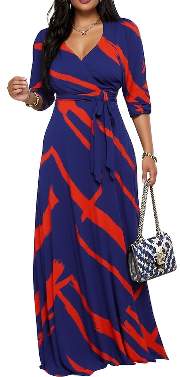 CaniBtr Maxi Dresses for Women Plus Size Casual 3/4 Sleeve Wrap V Neck Semi Formal Elegant Long Church Dress with Belt