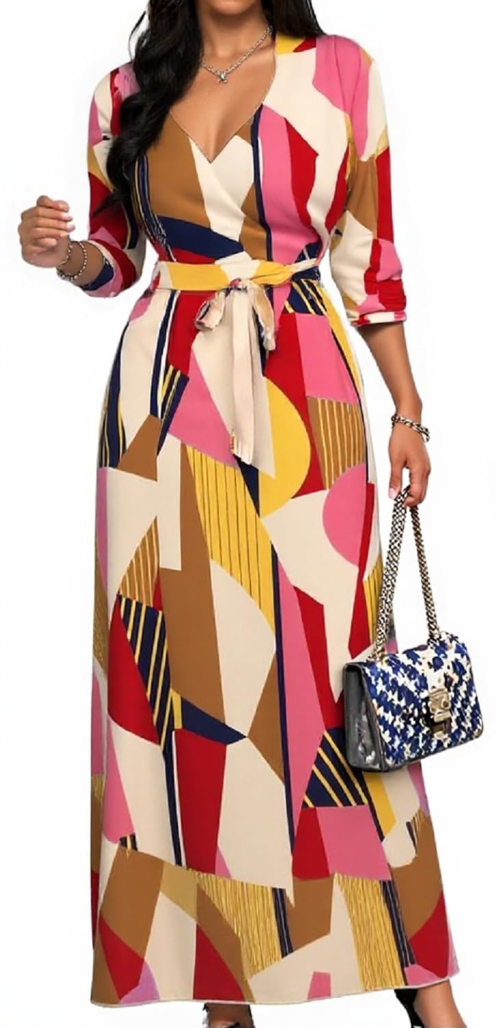 CaniBtr Maxi Dresses for Women Plus Size Casual 3/4 Sleeve Wrap V Neck Semi Formal Elegant Long Church Dress with Belt