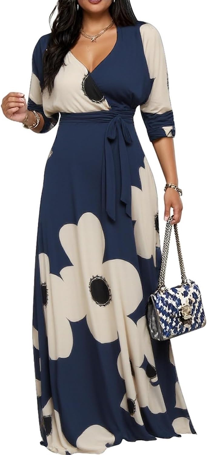 CaniBtr Maxi Dresses for Women Plus Size Casual 3/4 Sleeve Wrap V Neck Semi Formal Elegant Long Church Dress with Belt