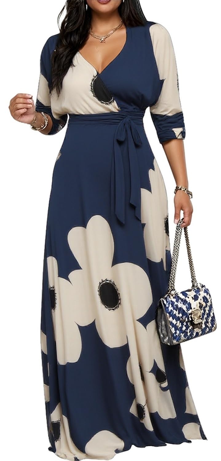 CaniBtr Maxi Dresses for Women Plus Size Casual 3/4 Sleeve Wrap V Neck Semi Formal Elegant Long Church Dress with Belt