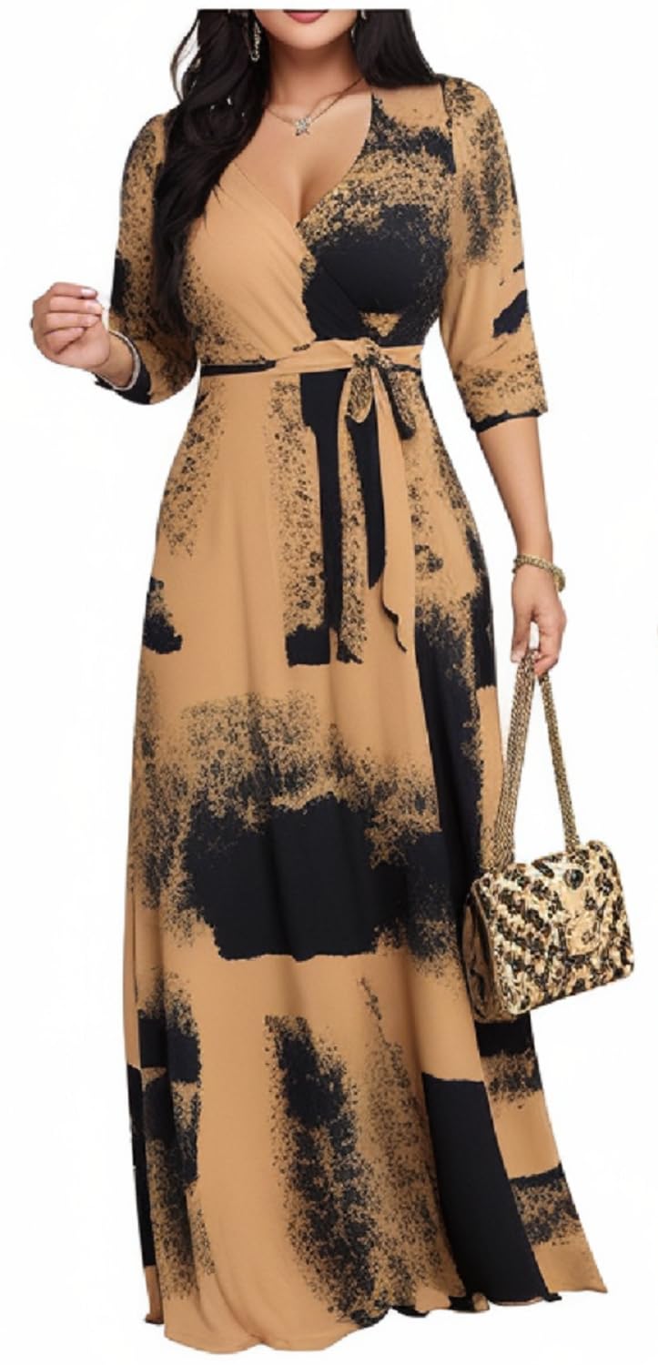 CaniBtr Maxi Dresses for Women Plus Size Casual 3/4 Sleeve Wrap V Neck Semi Formal Elegant Long Church Dress with Belt