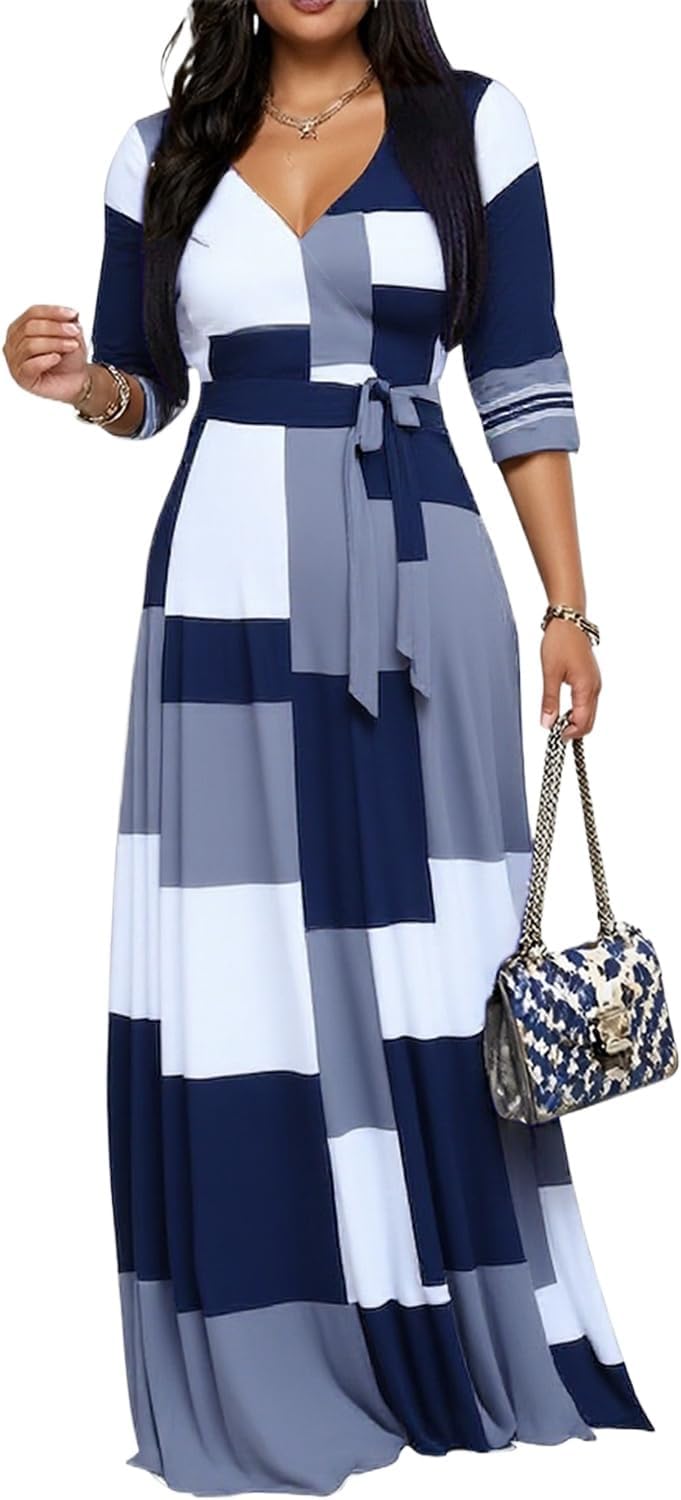 CaniBtr Maxi Dresses for Women Plus Size Casual 3/4 Sleeve Wrap V Neck Semi Formal Elegant Long Church Dress with Belt