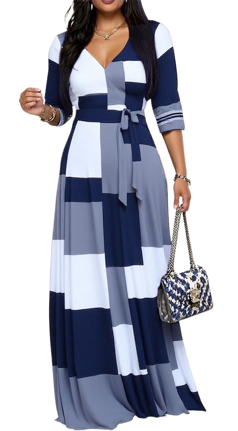 CaniBtr Maxi Dresses for Women Plus Size Casual 3/4 Sleeve Wrap V Neck Semi Formal Elegant Long Church Dress with Belt