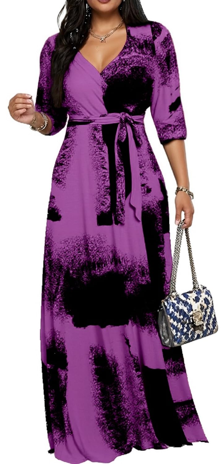 CaniBtr Maxi Dresses for Women Plus Size Casual 3/4 Sleeve Wrap V Neck Semi Formal Elegant Long Church Dress with Belt