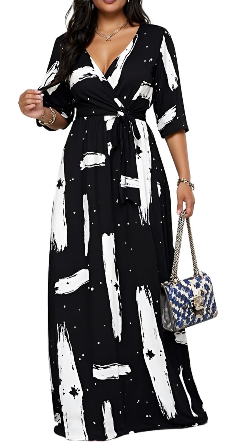 CaniBtr Maxi Dresses for Women Plus Size Casual 3/4 Sleeve Wrap V Neck Semi Formal Elegant Long Church Dress with Belt