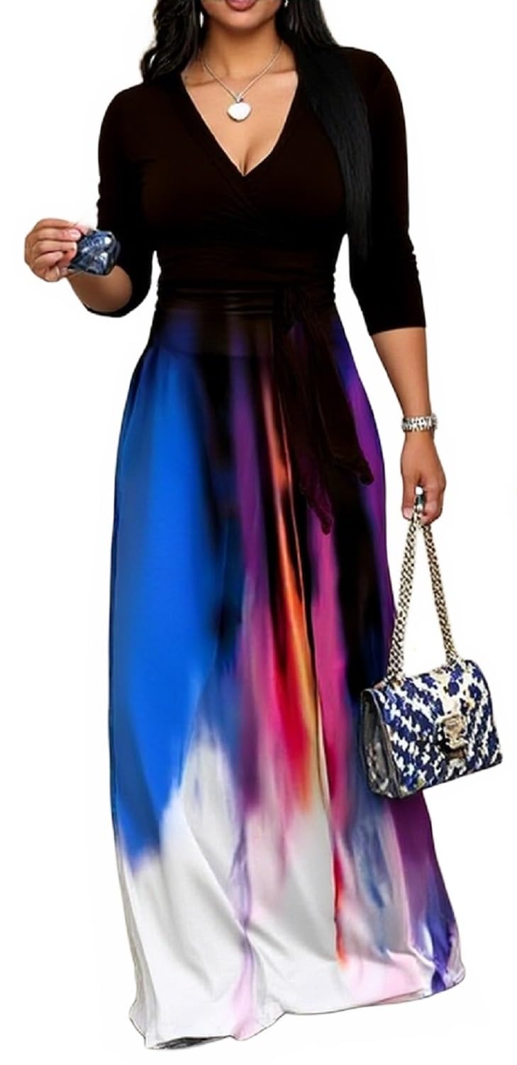CaniBtr Maxi Dresses for Women Plus Size Casual 3/4 Sleeve Wrap V Neck Semi Formal Elegant Long Church Dress with Belt