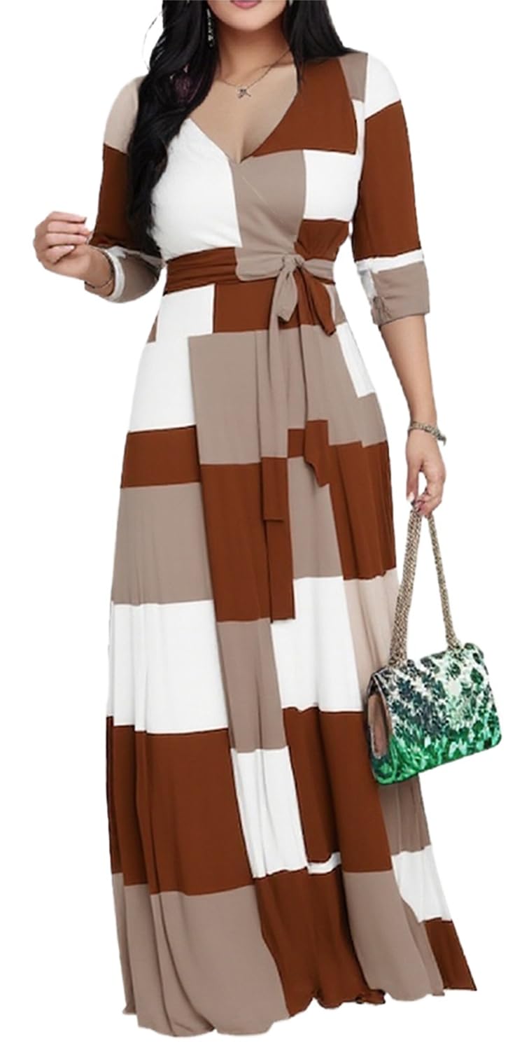CaniBtr Maxi Dresses for Women Plus Size Casual 3/4 Sleeve Wrap V Neck Semi Formal Elegant Long Church Dress with Belt
