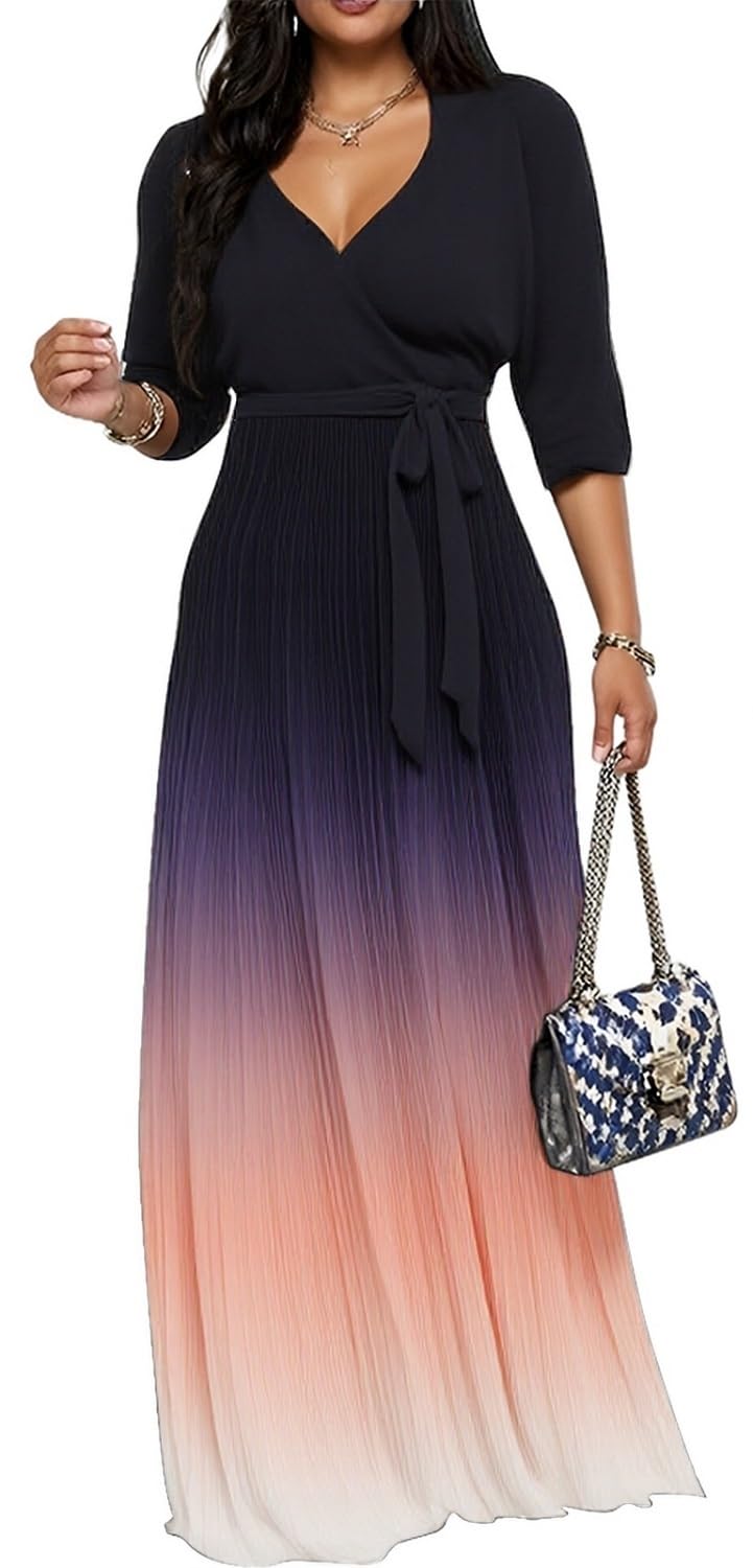 CaniBtr Maxi Dresses for Women Plus Size Casual 3/4 Sleeve Wrap V Neck Semi Formal Elegant Long Church Dress with Belt