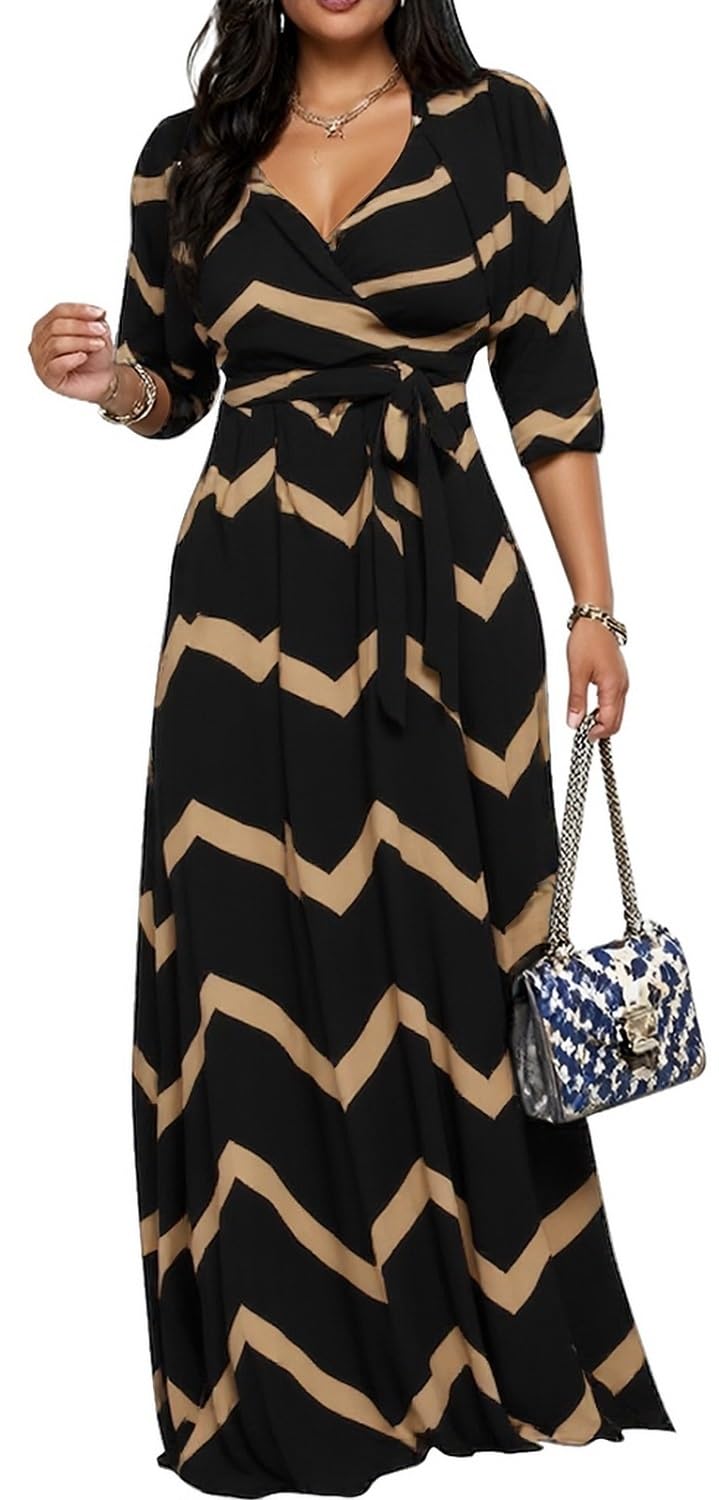 CaniBtr Maxi Dresses for Women Plus Size Casual 3/4 Sleeve Wrap V Neck Semi Formal Elegant Long Church Dress with Belt