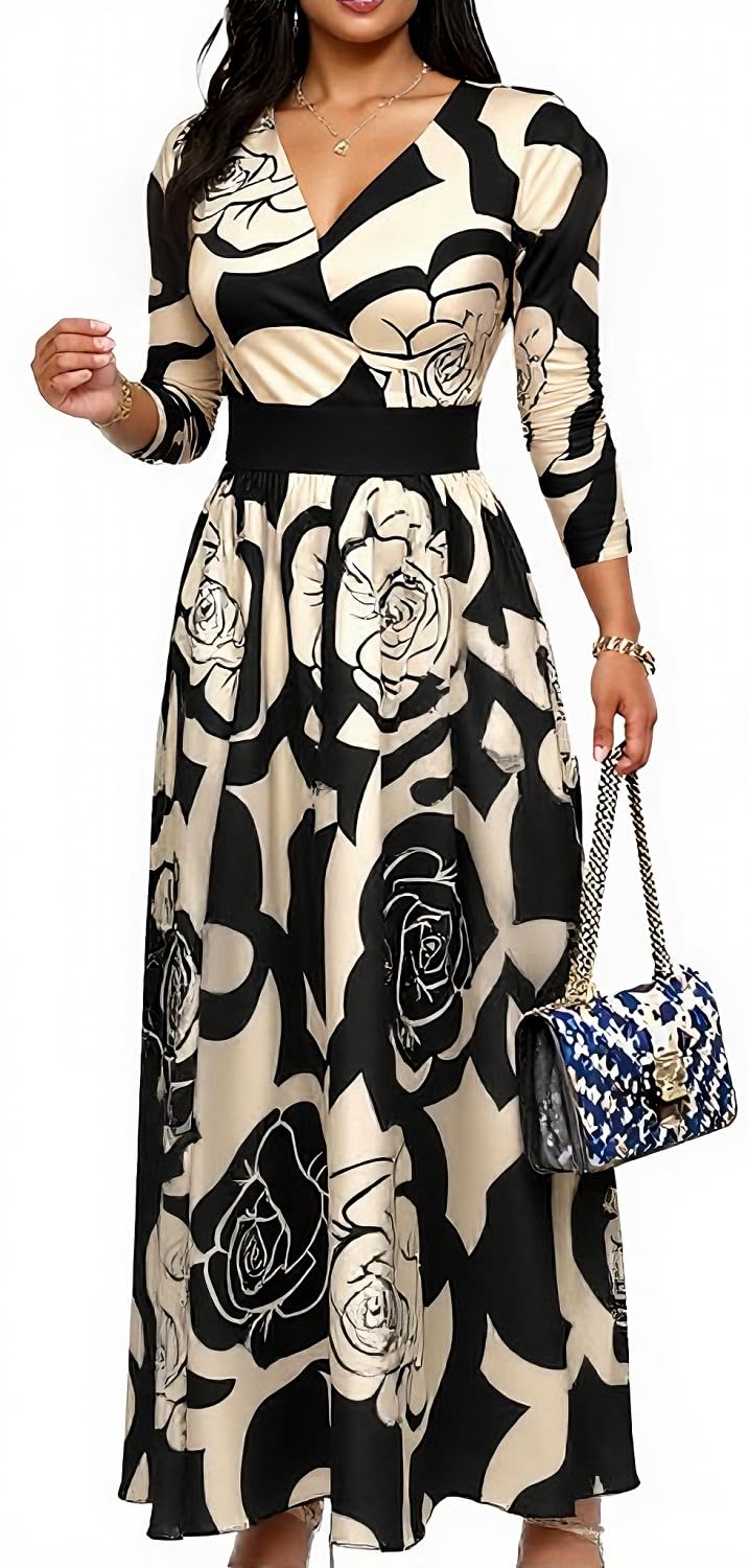 CaniBtr Maxi Dresses for Women Plus Size Casual 3/4 Sleeve Wrap V Neck Semi Formal Elegant Long Church Dress with Belt