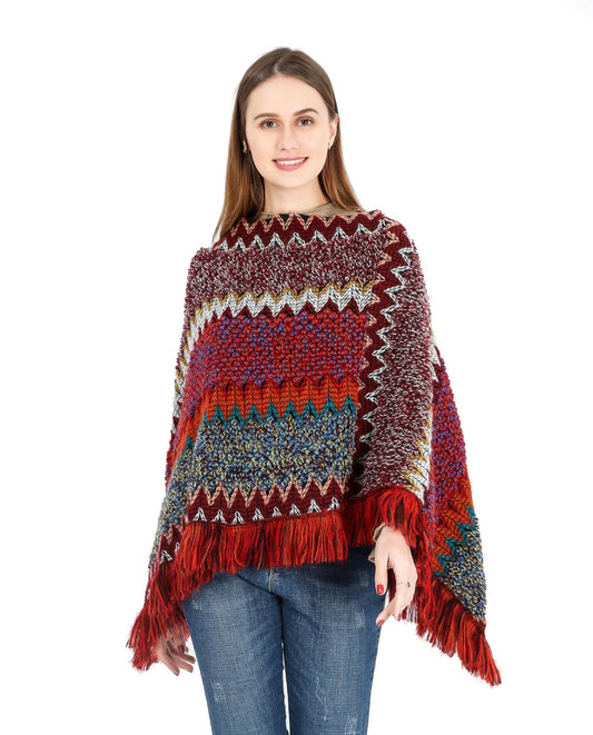 SherryDC Women's Zig - Zag Knit Tassel Fringed Pullover Poncho Sweater Cape Shawl Wrap - SHREYABEAUTYSTORE